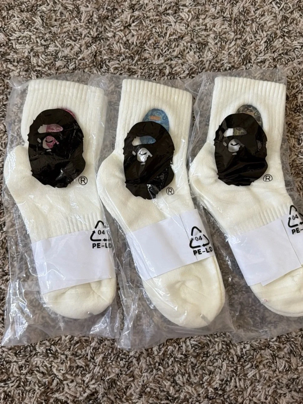 Bape Cream Crew Socks with Pink, Blue & Brown Logo Patches